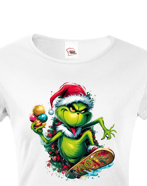 Dámské tričko Grinch na skateboardu