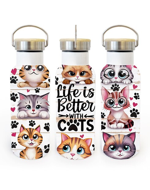 Termoska s bambusovým víčkem - Life is better with cats