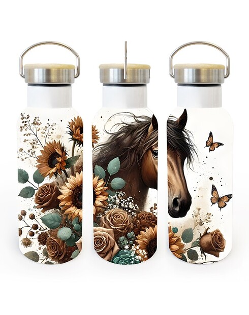 Termoska s bambusovým víčkem - Kůň a květiny