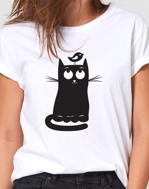 Dámské tričko s kočkou a ptáčkem