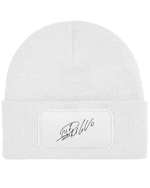 Čepice s obdélníkovou nášivkou a podpisem Ronalda